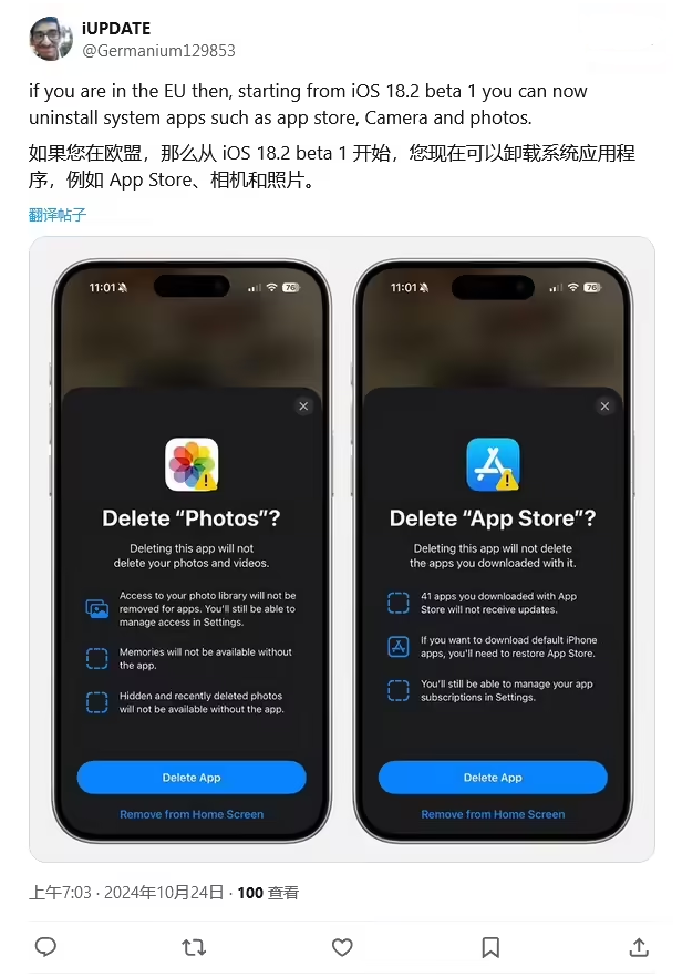 馆陶苹果手机维修分享iOS 18.2 支持删除 App Store 应用商店 