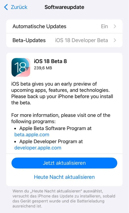 馆陶苹果手机维修分享苹果 iOS / iPadOS 18 开发者预览版 Beta 8 发布 